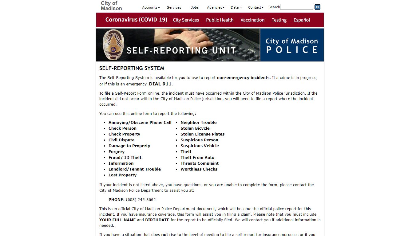 Self-Reporting System - City of Madison, Wisconsin